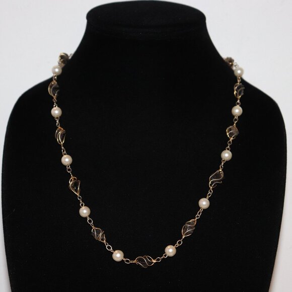 ✨ Vintage Gold, Pearl & Wire-Wrapped Stone Necklace 22" Length | - Picture 1 of 5